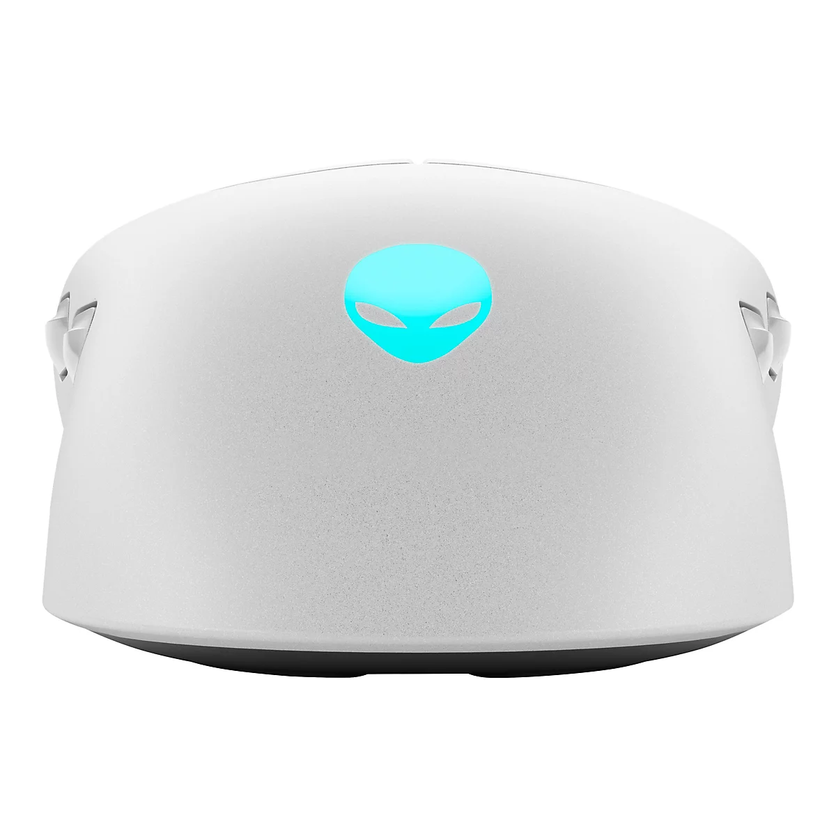 Hellgraue Alienware-Gaming-Maus, Ansicht von oben. Auf der Maus leuchtet ein türkisfarbenes Alien-Logo.