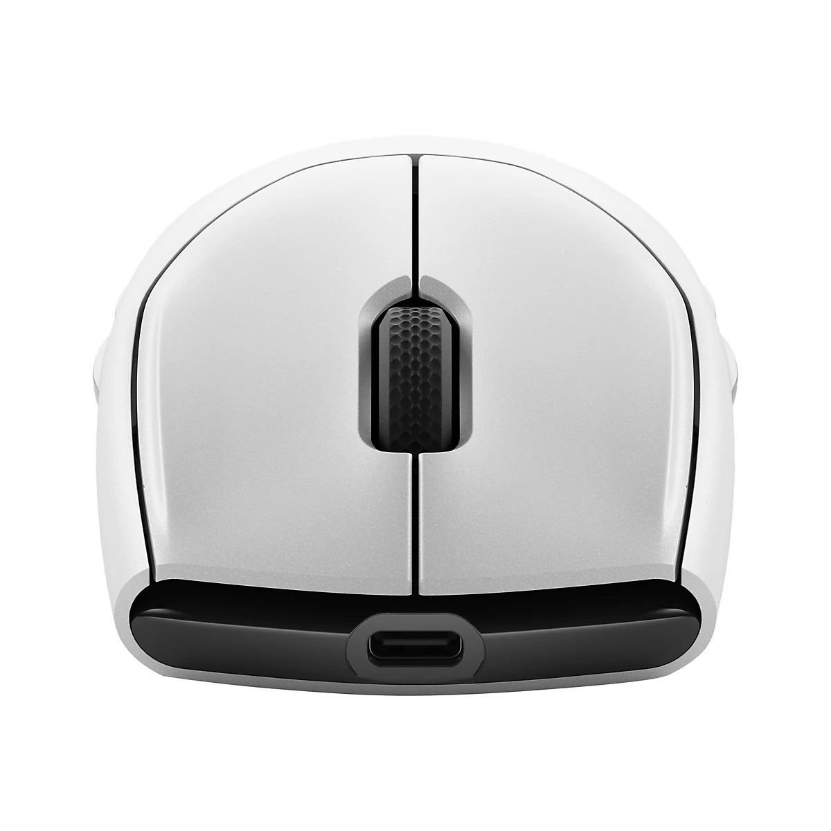 Draufsicht auf eine weiße Maus mit schwarzem Scrollrad und USB-C-Anschluss.