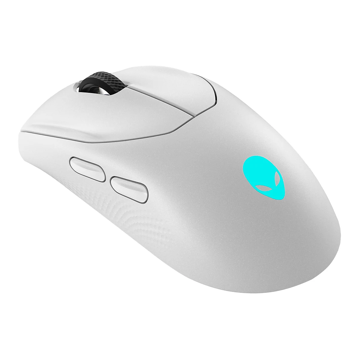 Weisse Gaming-Maus mit Alien-Logo. Die Maus hat zwei Knöpfe an der Seite und ein Scrollrad.