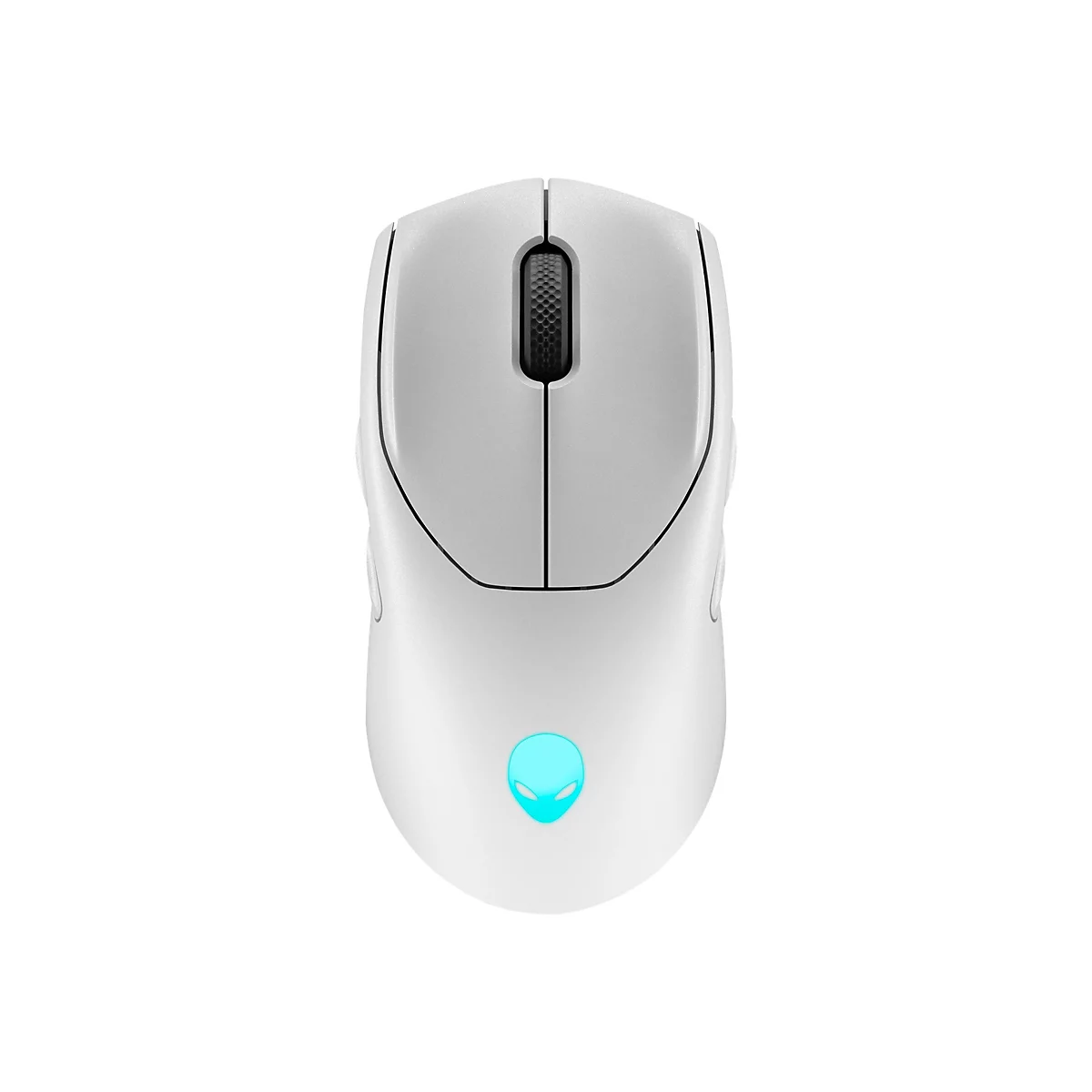 Draufsicht auf eine weiße Gaming-Maus. Auf der Oberfläche sind zwei Maustasten und ein Scrollrad erkennbar. Das Alienware-Logo leuchtet unten in Blau.