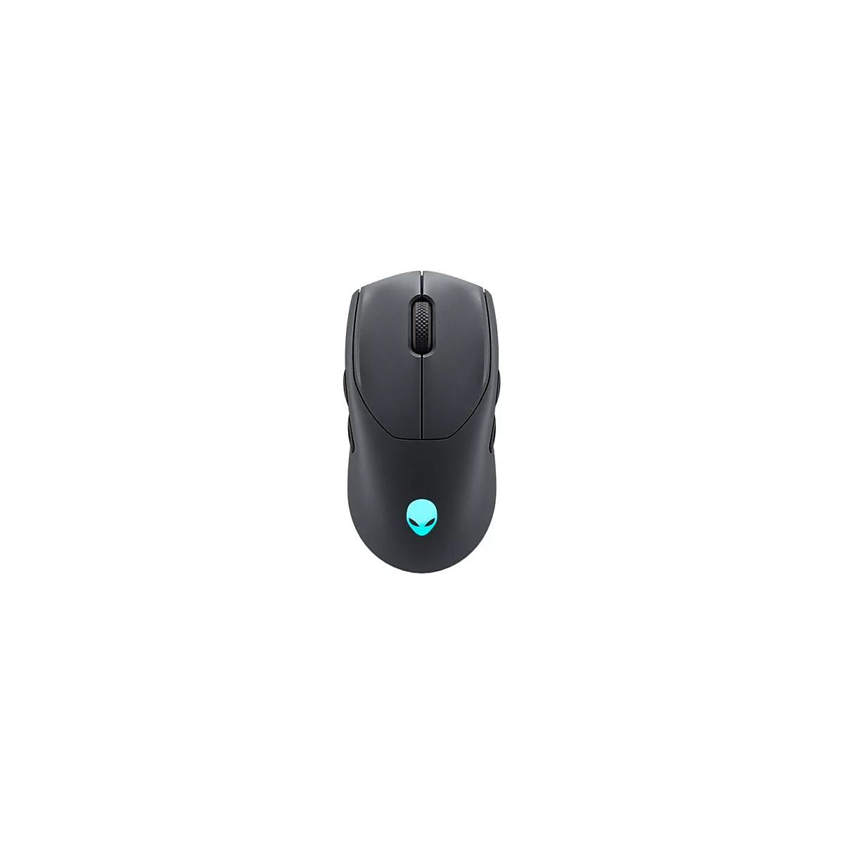 Dunkelgraue Gaming-Maus mit Alien-Logo, das blau leuchtet. Oben befinden sich ein Scrollrad und zwei Maustasten.