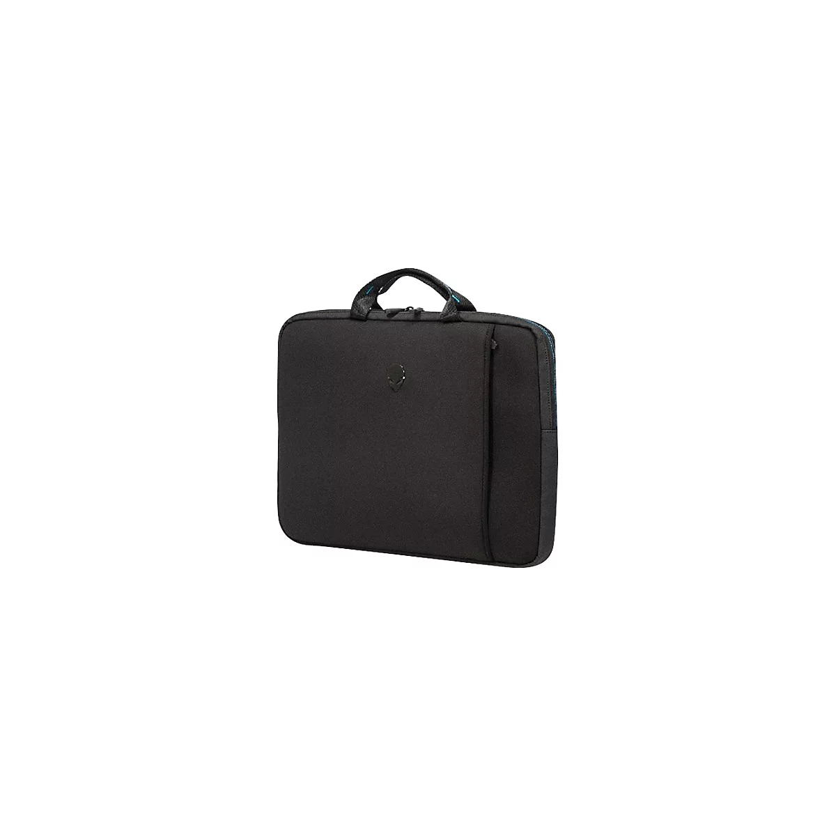 Schwarze Laptoptasche mit Griff und Reißverschluss. Logo auf der Vorderseite.