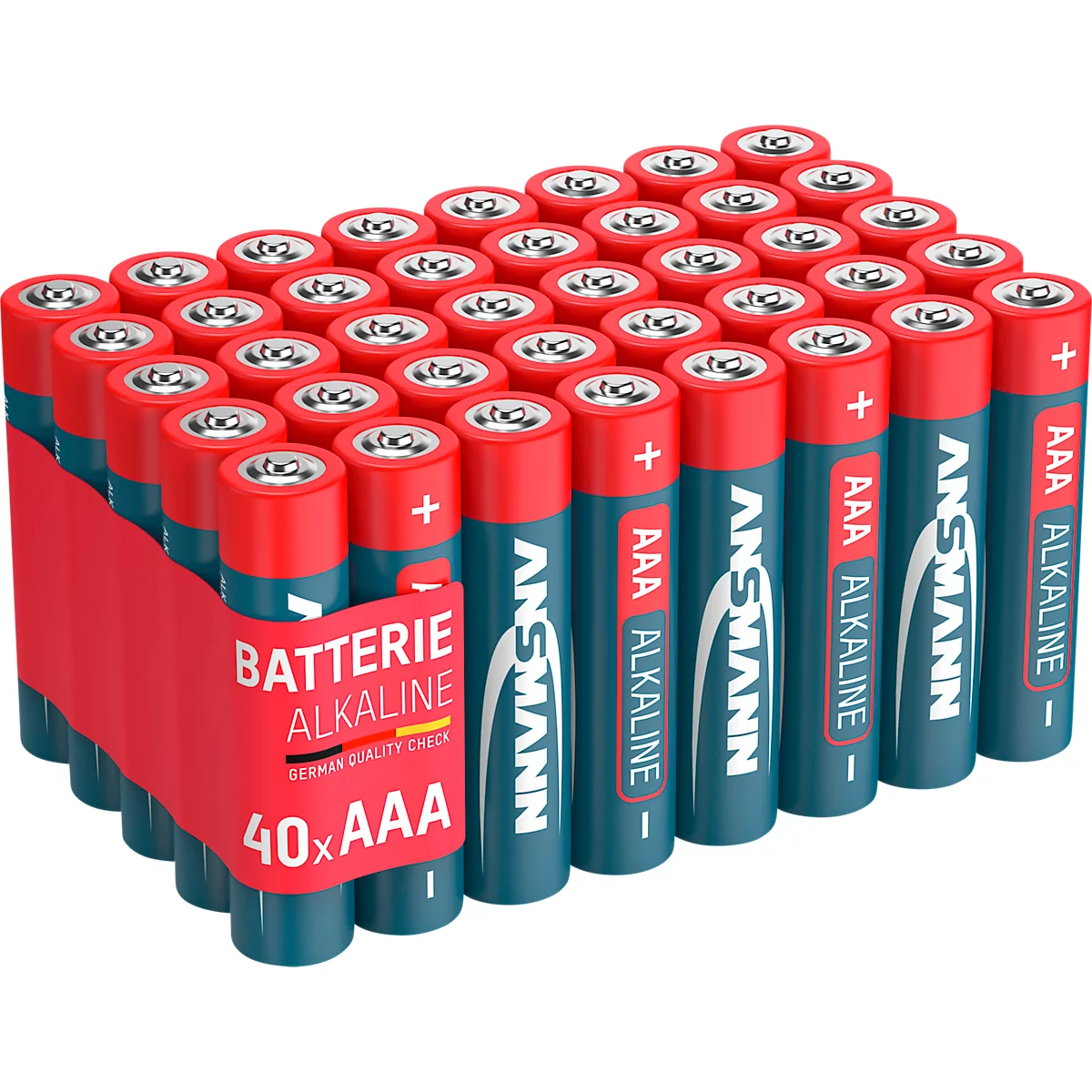 40 AAA batteries, blue, red, white lettering. Printed: Battery Alkaline, Ansmann brand.