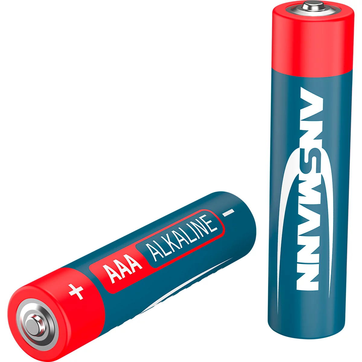Two blue AAA batteries with red tops. One lies, the other stands upright.