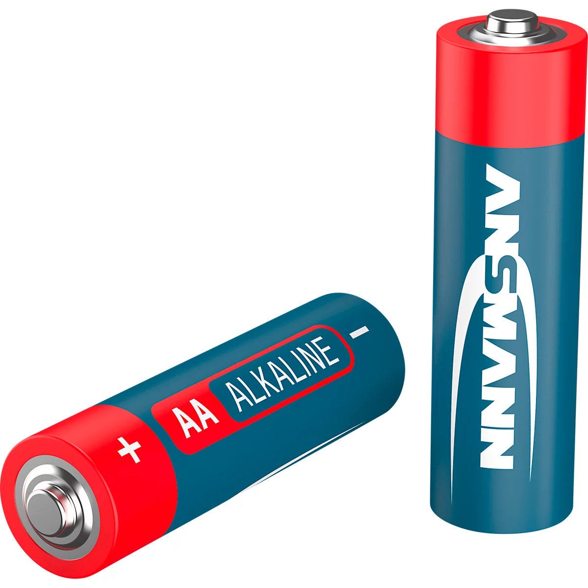 Two blue and red AA batteries. One is lying down, one is standing. Labeling: AA Alkaline, ANSMANN.