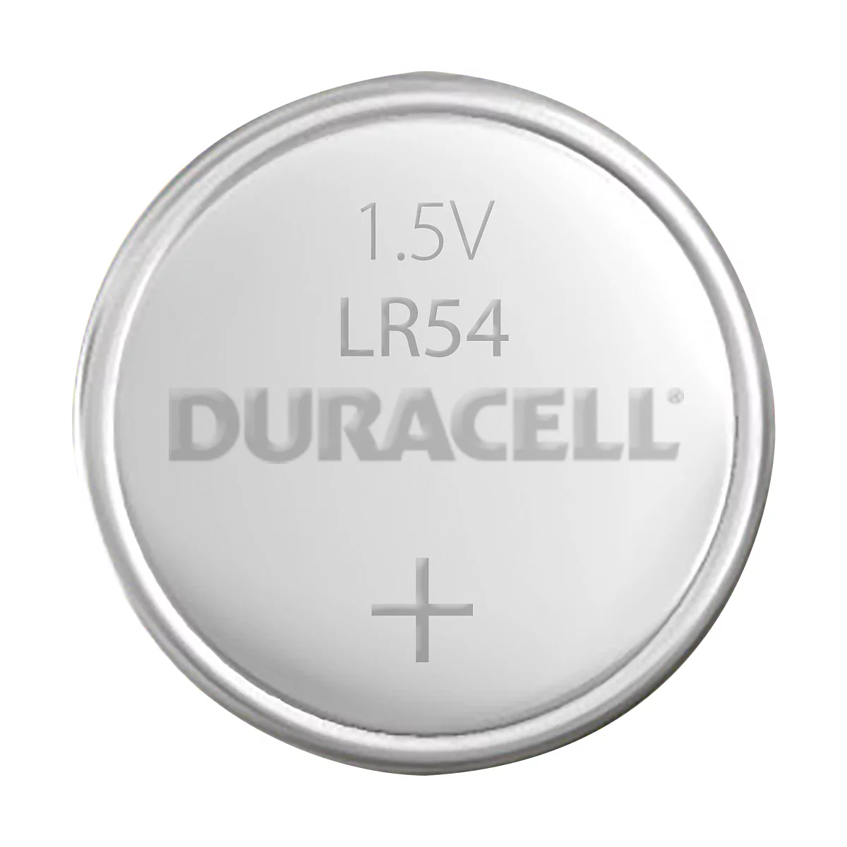 Duracell LR54 button cell, 1.5V. Inscription: Duracell. Positive sign.