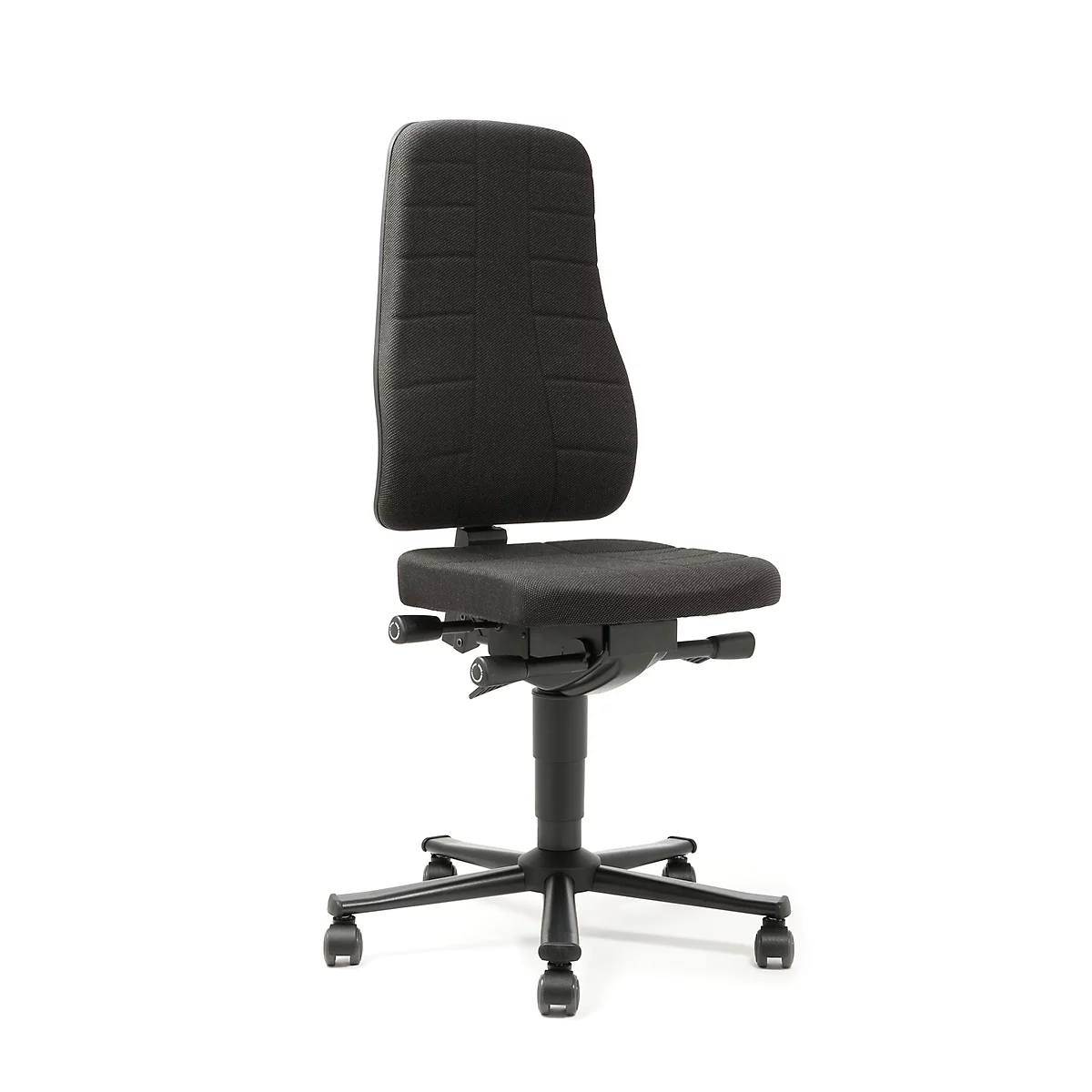 Black ergonomic office chair with high backrest and wheels.