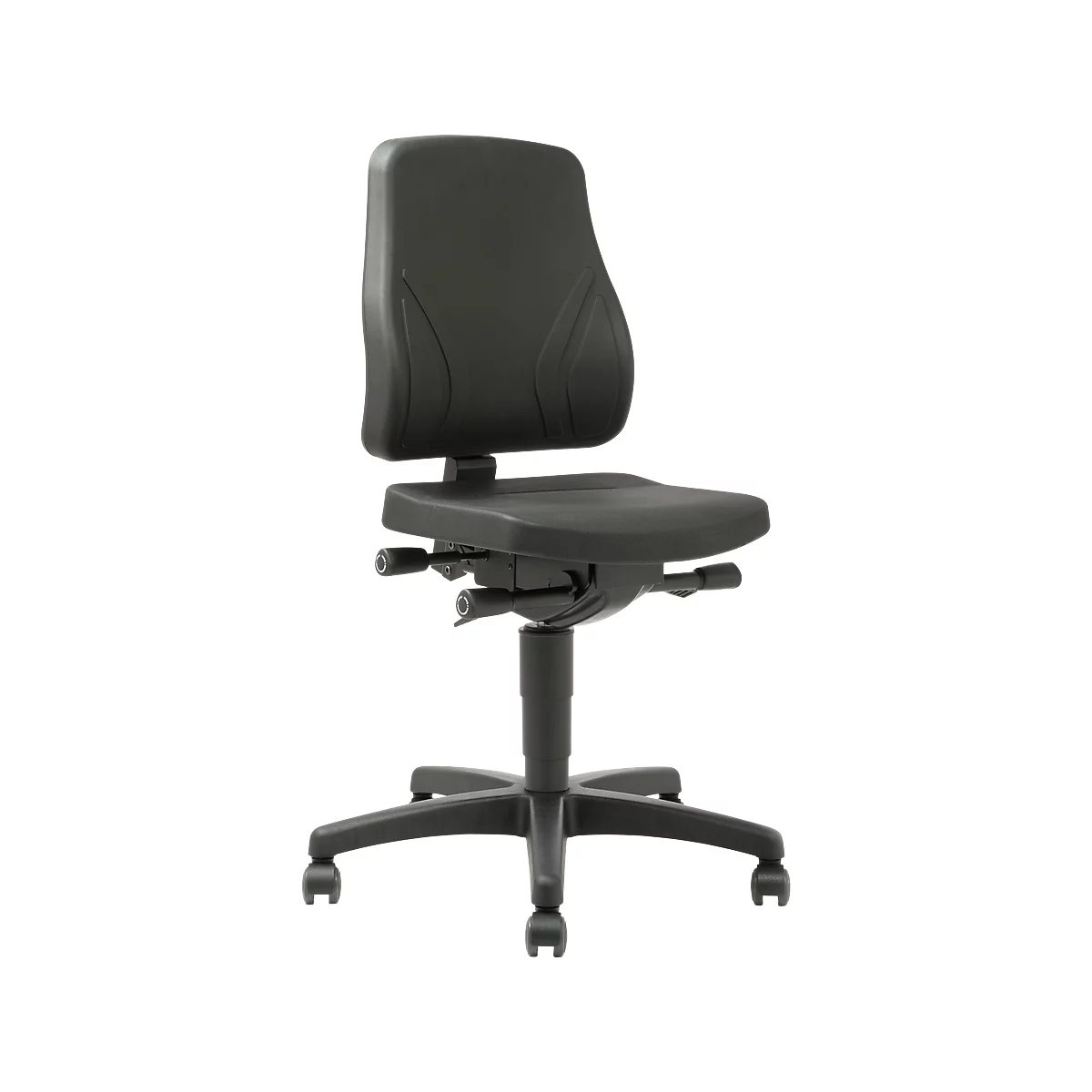 Black office chair with backrest and rollers. Adjustable height and armrests.