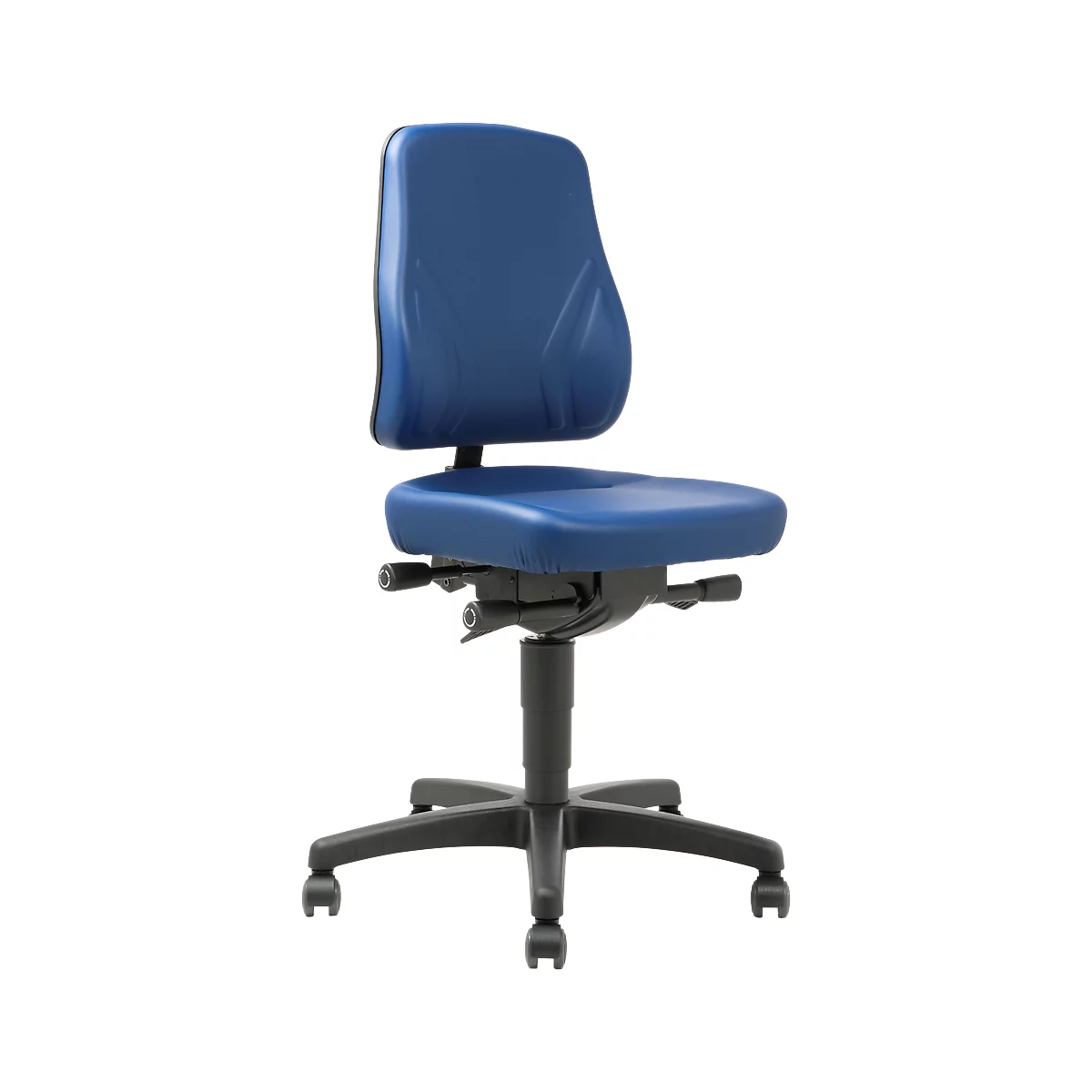 Blue office chair with backrest and castors. Black legs, seat and back in blue imitation leather.