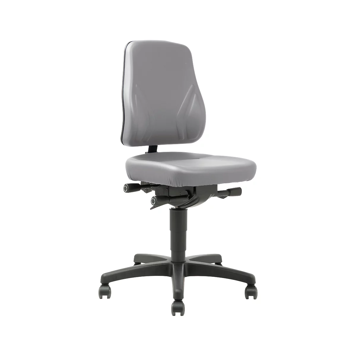 Grey office chair with backrest, seat, and rollers. The seat height is adjustable.