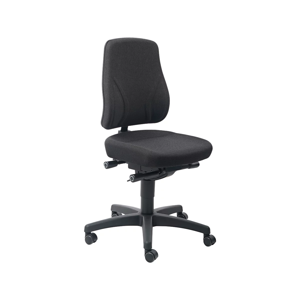 Black office chair with backrest, seat and wheeled base.