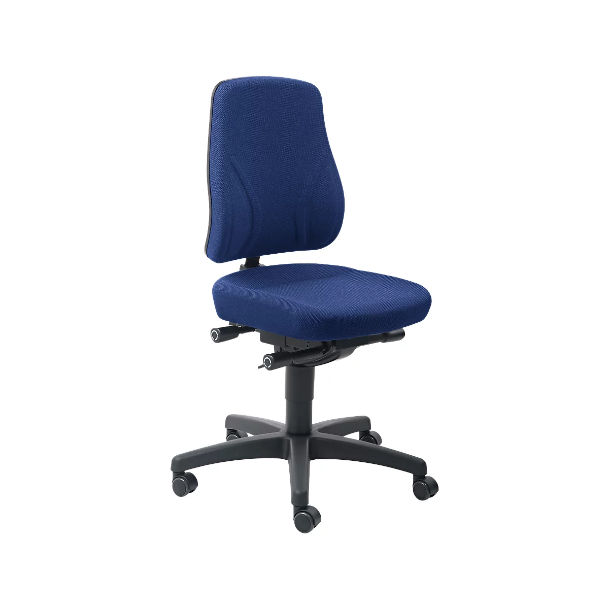 Blue office chair. Backrest and seat padded, black frame, 5 castors.