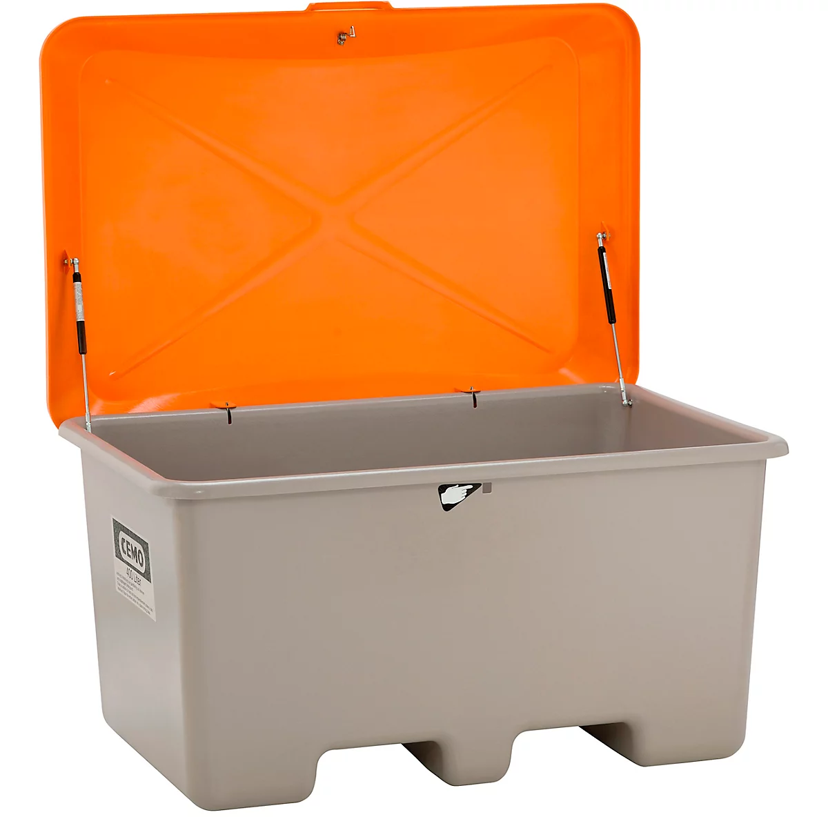 Gray chest with open orange lid. Black hinges are visible on the lid.