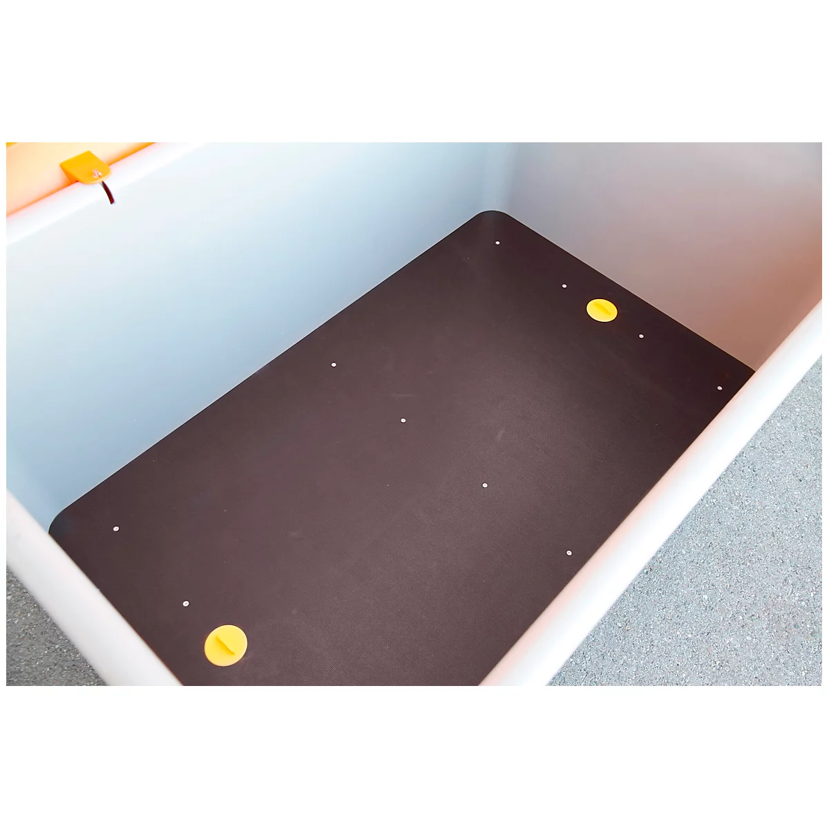 Dark brown wooden panel inside a white box, yellow round elements on the corners.