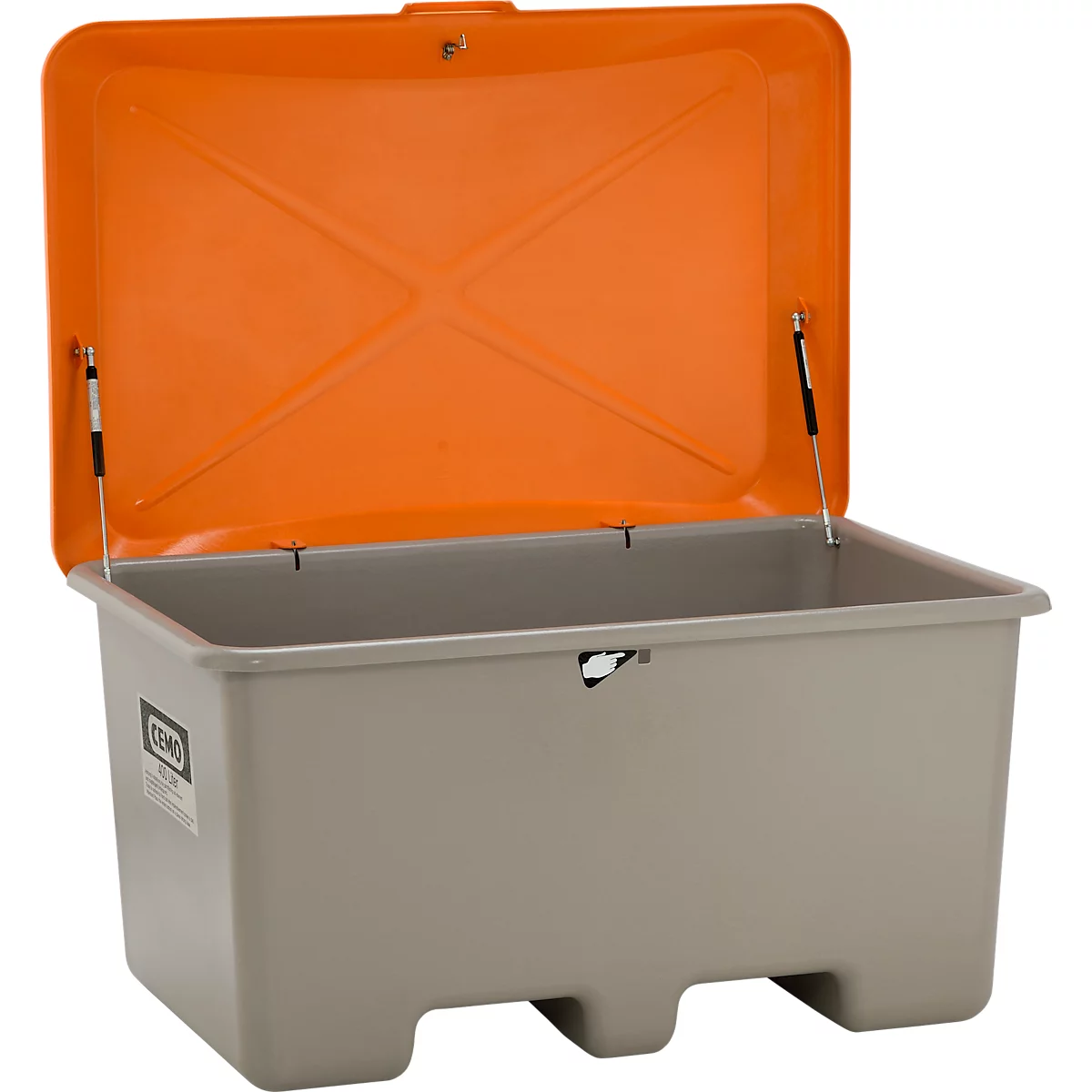 Gray plastic box with orange lid, opened, with hinges. A label on the left.