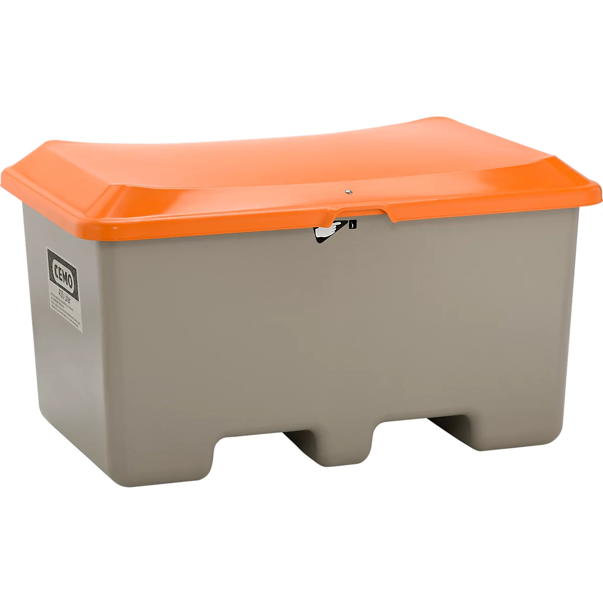 Gray container with orange lid closed with a clasp.
