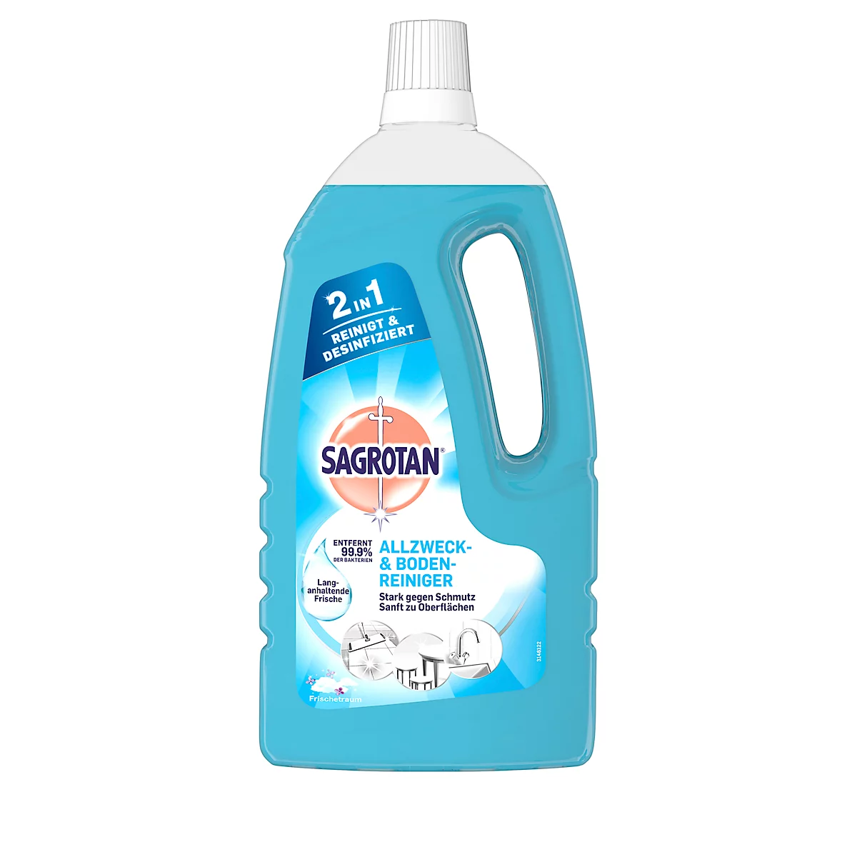 Light blue Sagrotan bottle, lettering and product name, "2in1 Cleans & Disinfects".