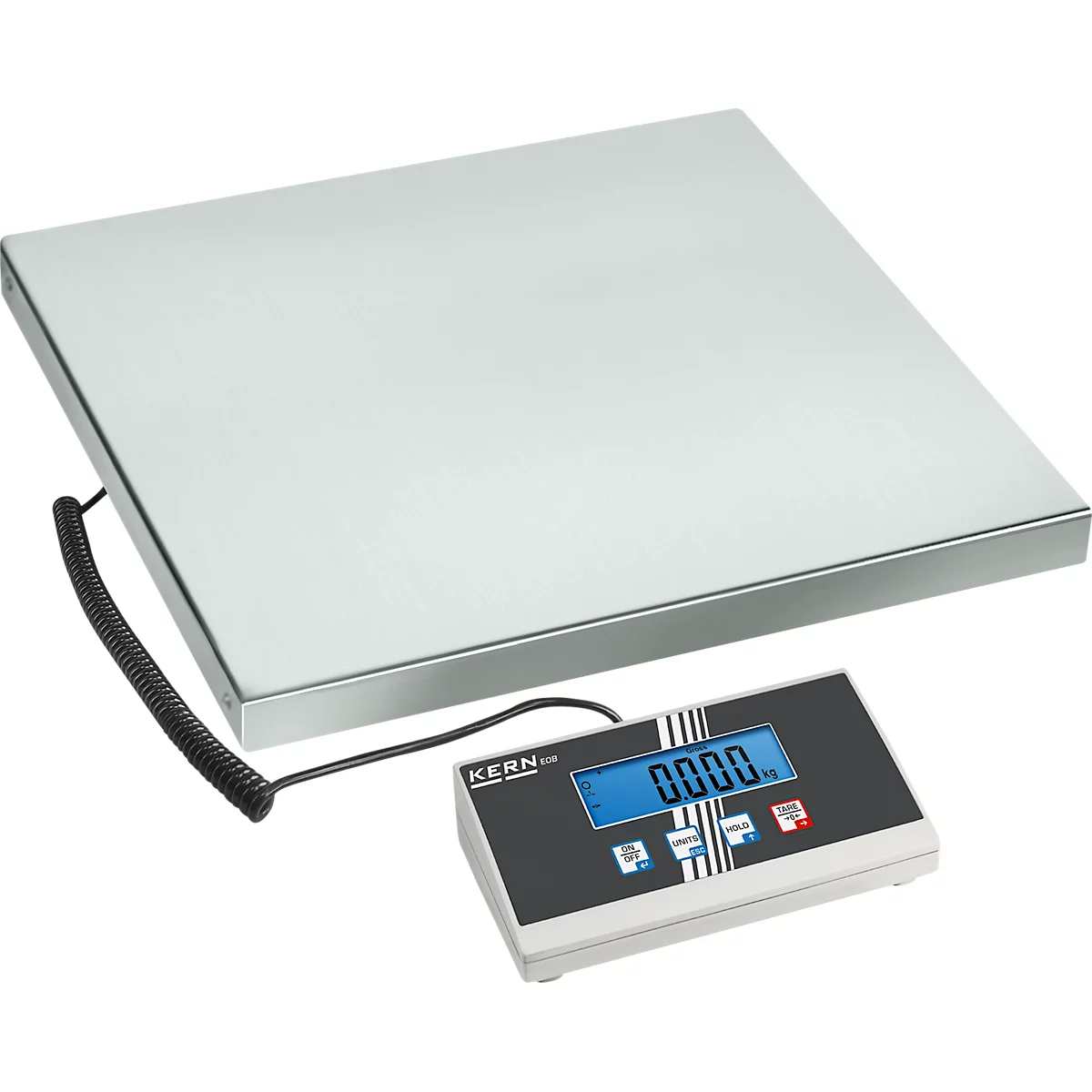 A rectangular industrial scale with a digital display. 0.000 kg is displayed on the scale.
