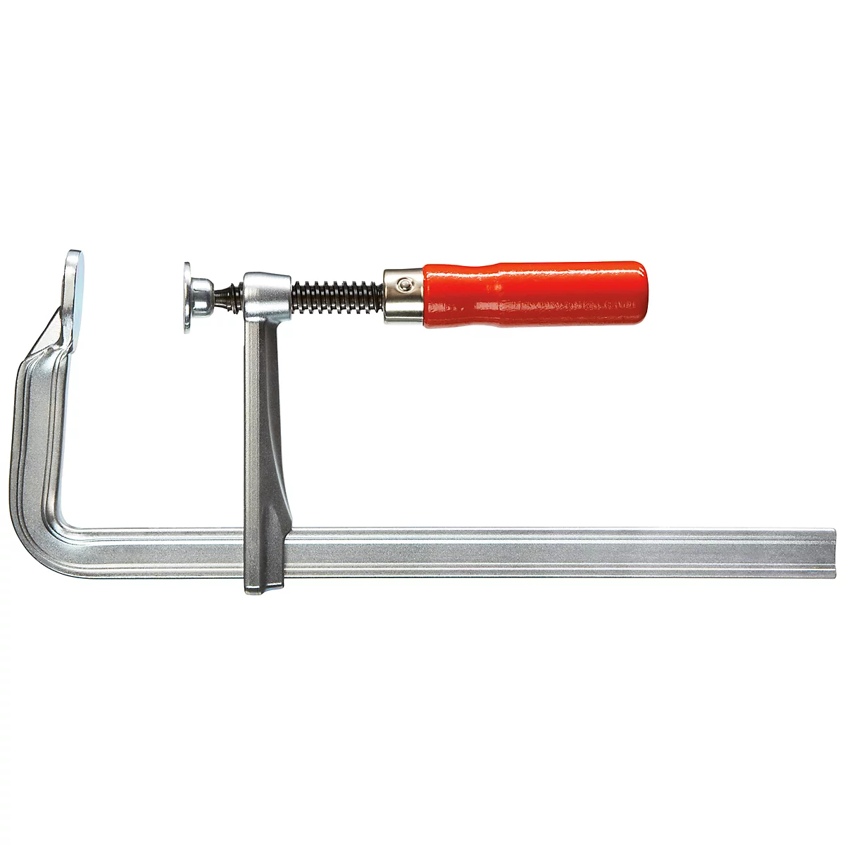 A silver screw clamp with red handle. The lever is used for clamping.