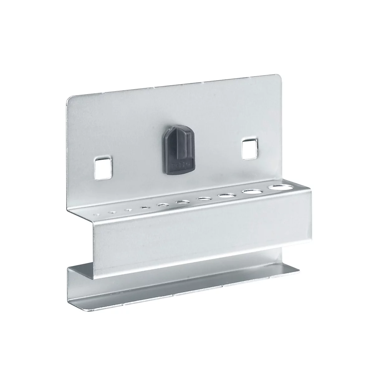 Metal pen holder with several holes, bracket, square holes and rotary knob.