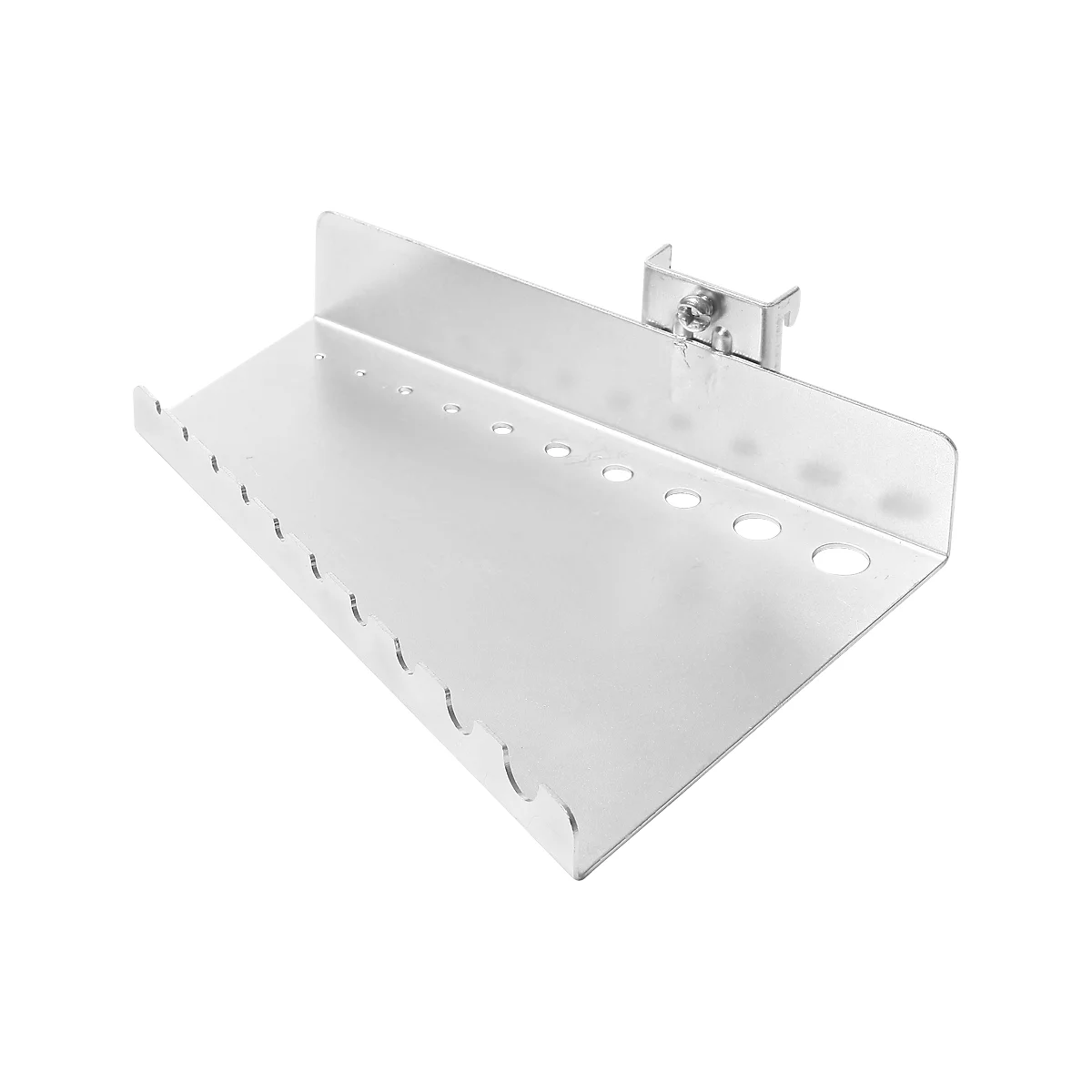 Bright metal tool holder with holes. The holder shows openings and recesses of different sizes.