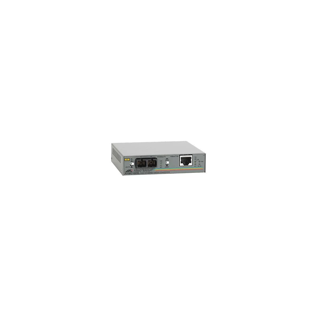 Convertisseur de médias Ethernet gris avec divers ports et indicateurs. Inscription: Allied Telesyn AT-MC102XL.