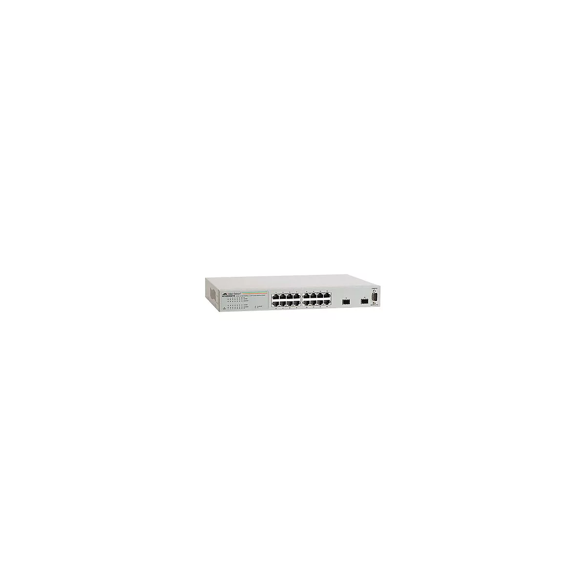 Ein grauer Netzwerk Switch mit vielen Anschlüssen. Auf der Vorderseite sind 16 Ports, auf der Rückseite weitere Anschlüsse.