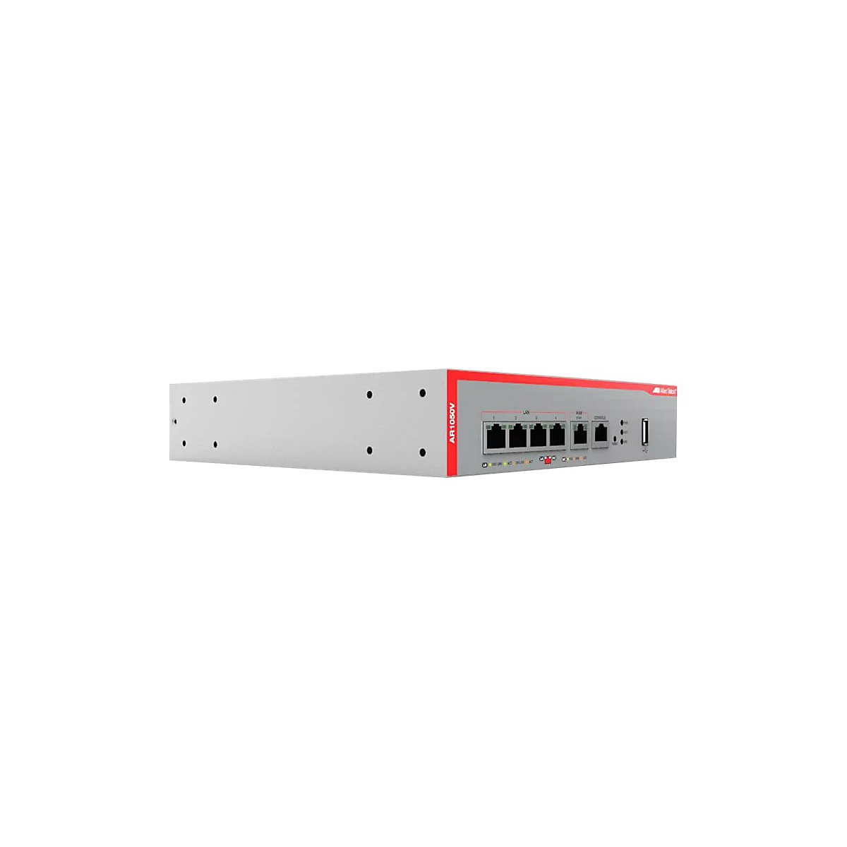 Grauer Netzwerk-Router Modell AR1050V mit verschiedenen LAN- und WAN-Anschlüssen vor weißem Hintergrund.