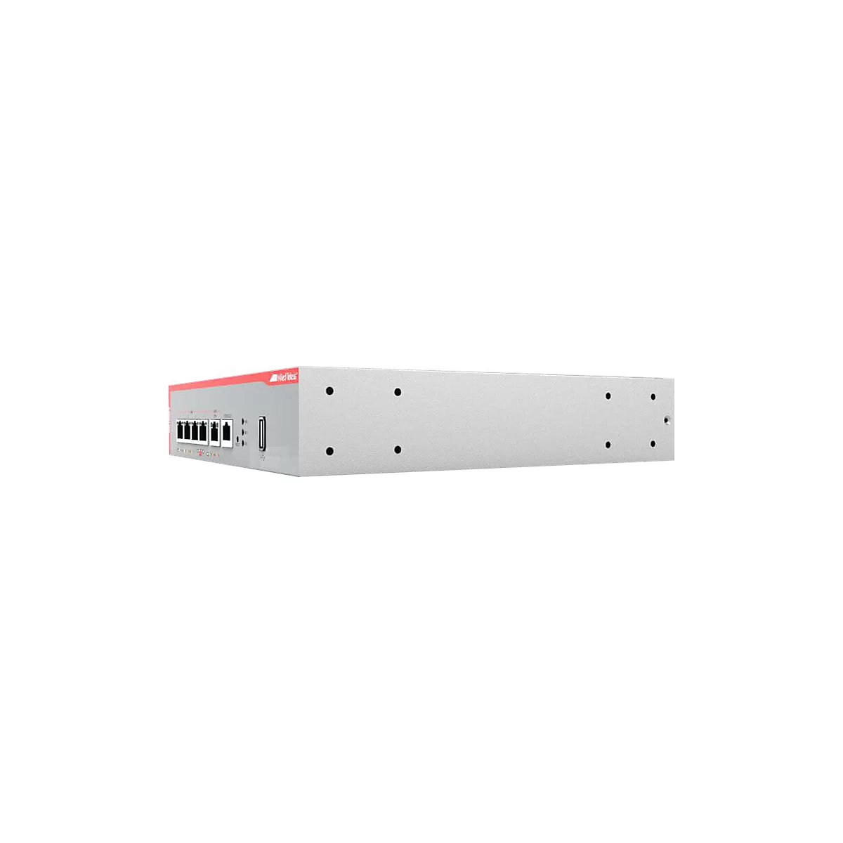 Flacher, silberner Netzwerk-Switch mit vier LAN-Ports und USB-Anschluss vor weißem Hintergrund.