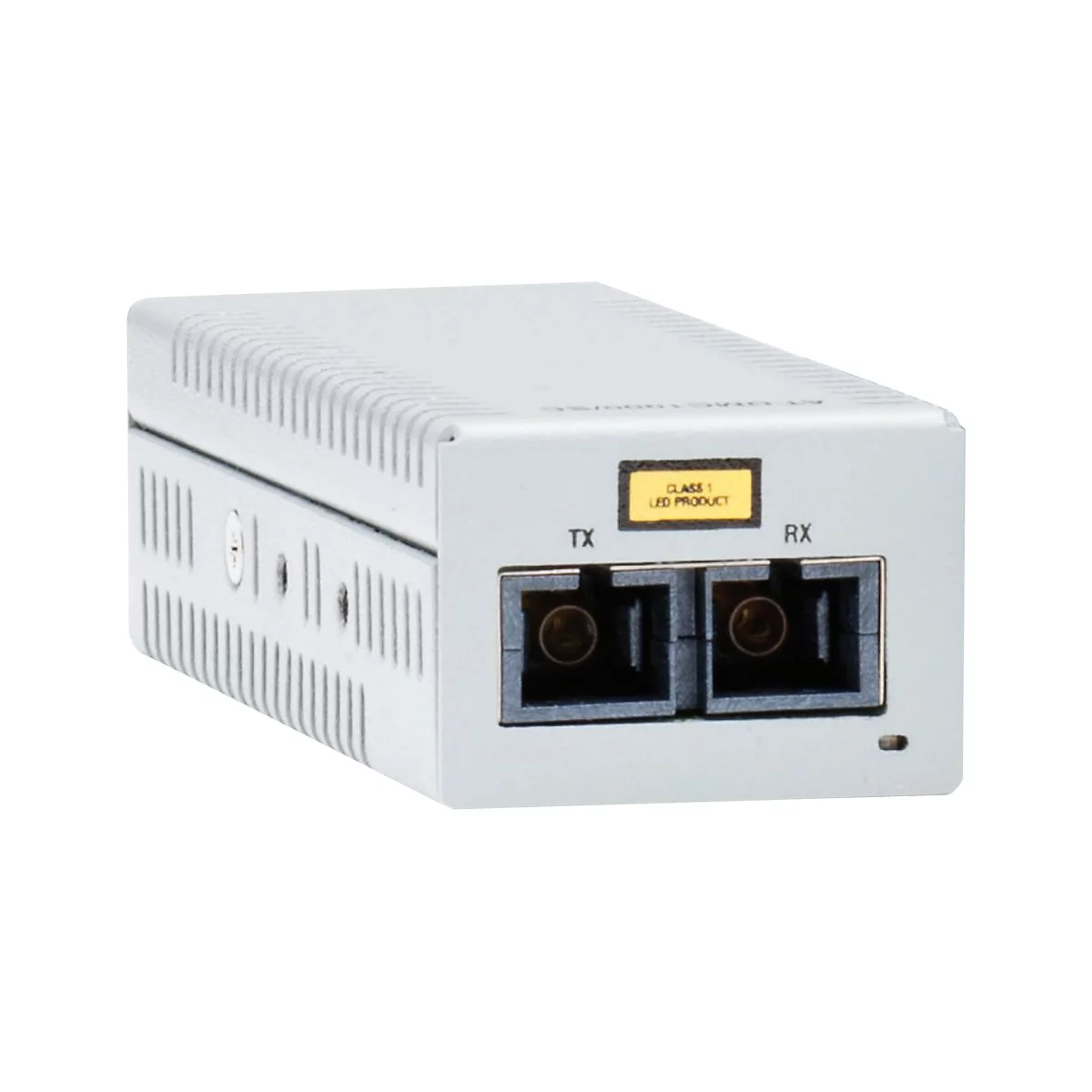 Ein graues elektronisches Gerät mit TX- und RX-Anschlüssen. Auf einem kleinen gelben Aufkleber steht: CLASS 1 LED PRODUCT.