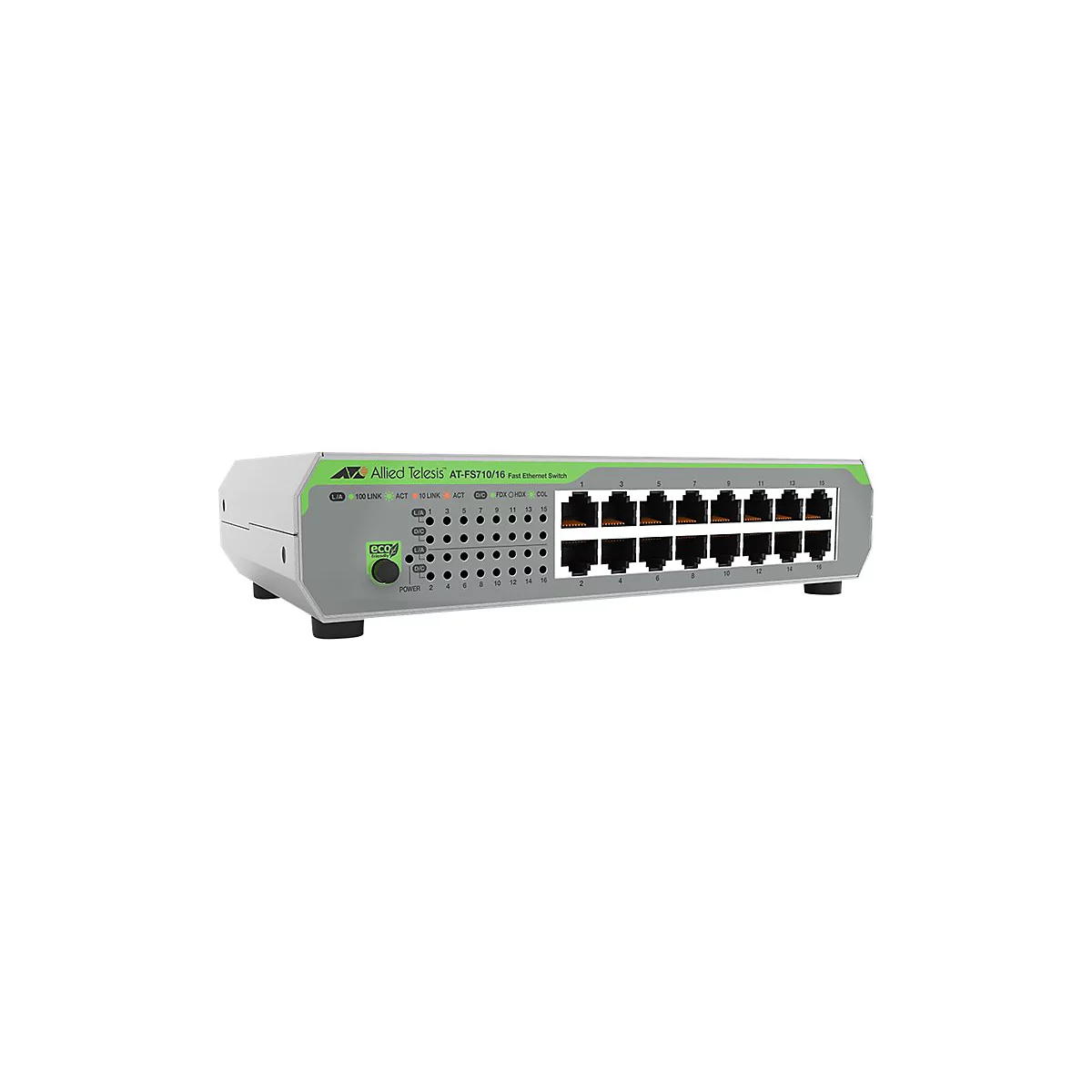Un commutateur Fast Ethernet Allied Telesis AT-FS710/16 gris. En haut à gauche : logo et texte. En bas à droite : 16 ports, numérotés 1-16.