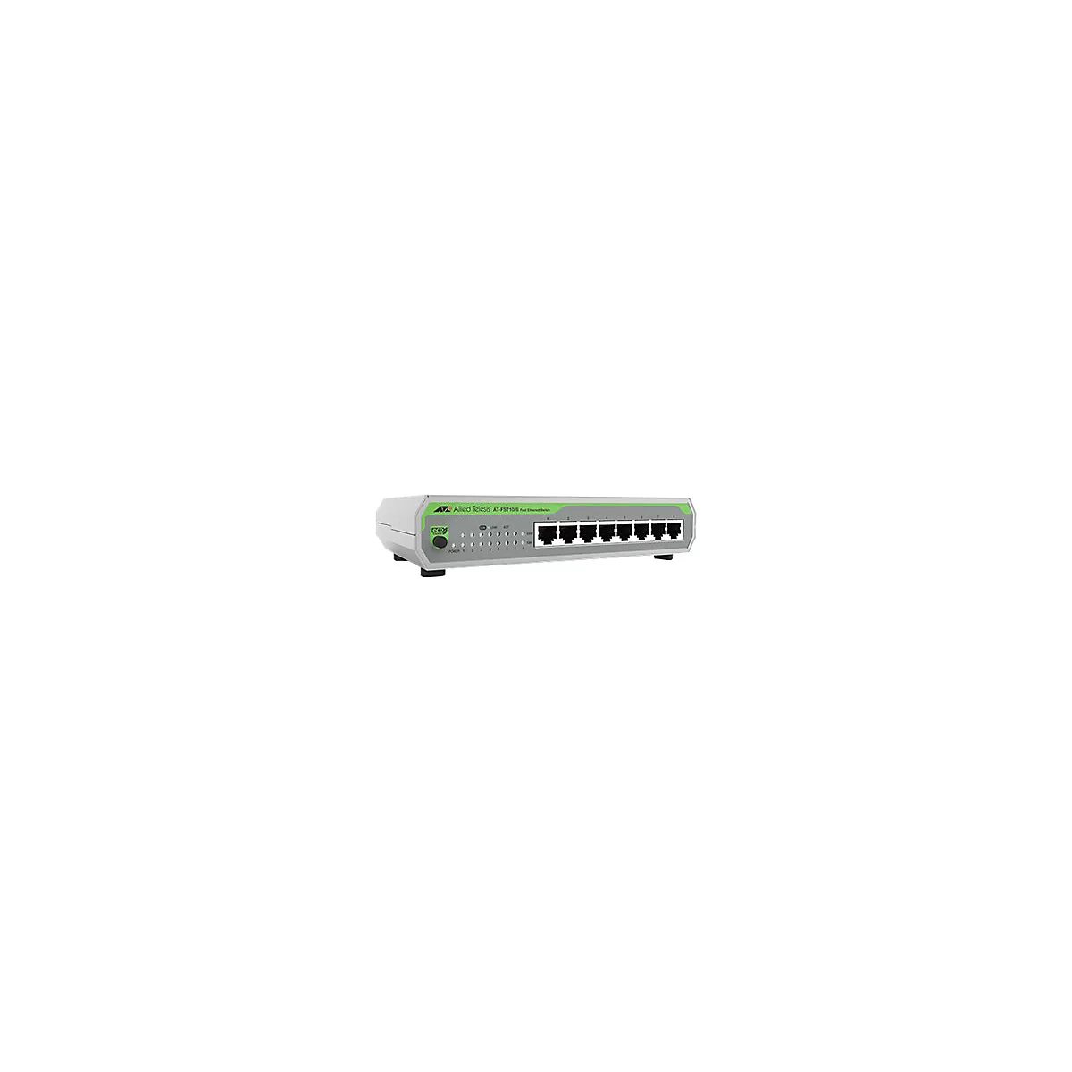 Allied Telesis AT-FS710/8 Fast Ethernet Switch in Hellgrau mit grünen Akzenten und acht Anschlüssen.