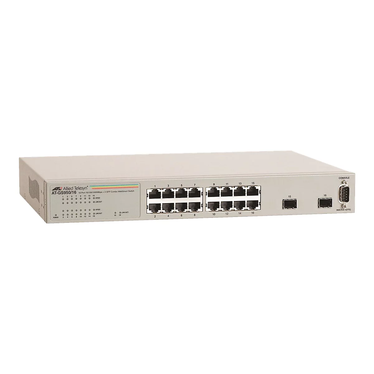 Hellgrauer Allied Telesyn Netzwerk-Switch AT-GS950/16 mit 16 Ports vor weißem Hintergrund.