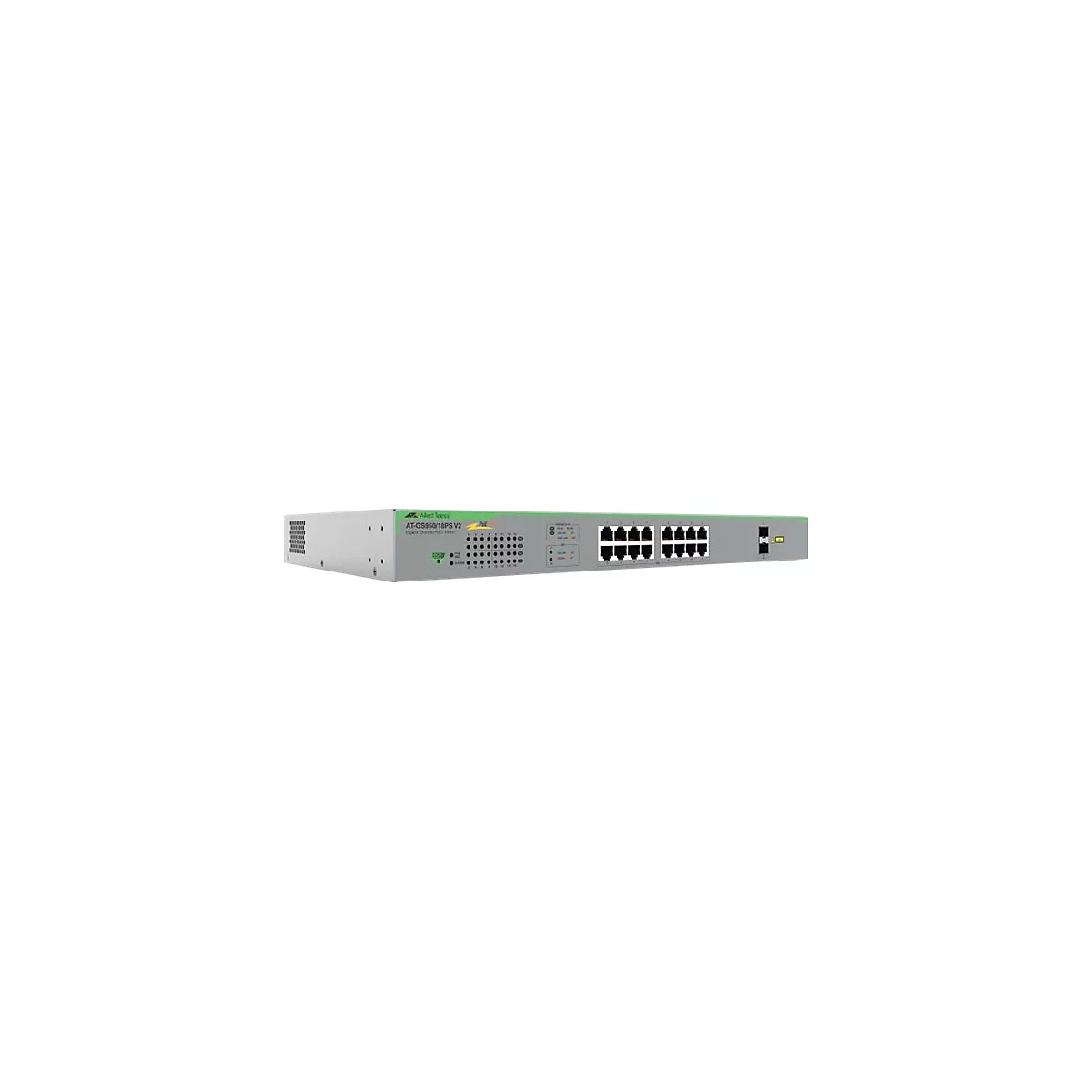 Allied Telesis AT-GS950/18PS V2 Gigabit Ethernet Switch in einem Metallgehäuse vor weißem Hintergrund.