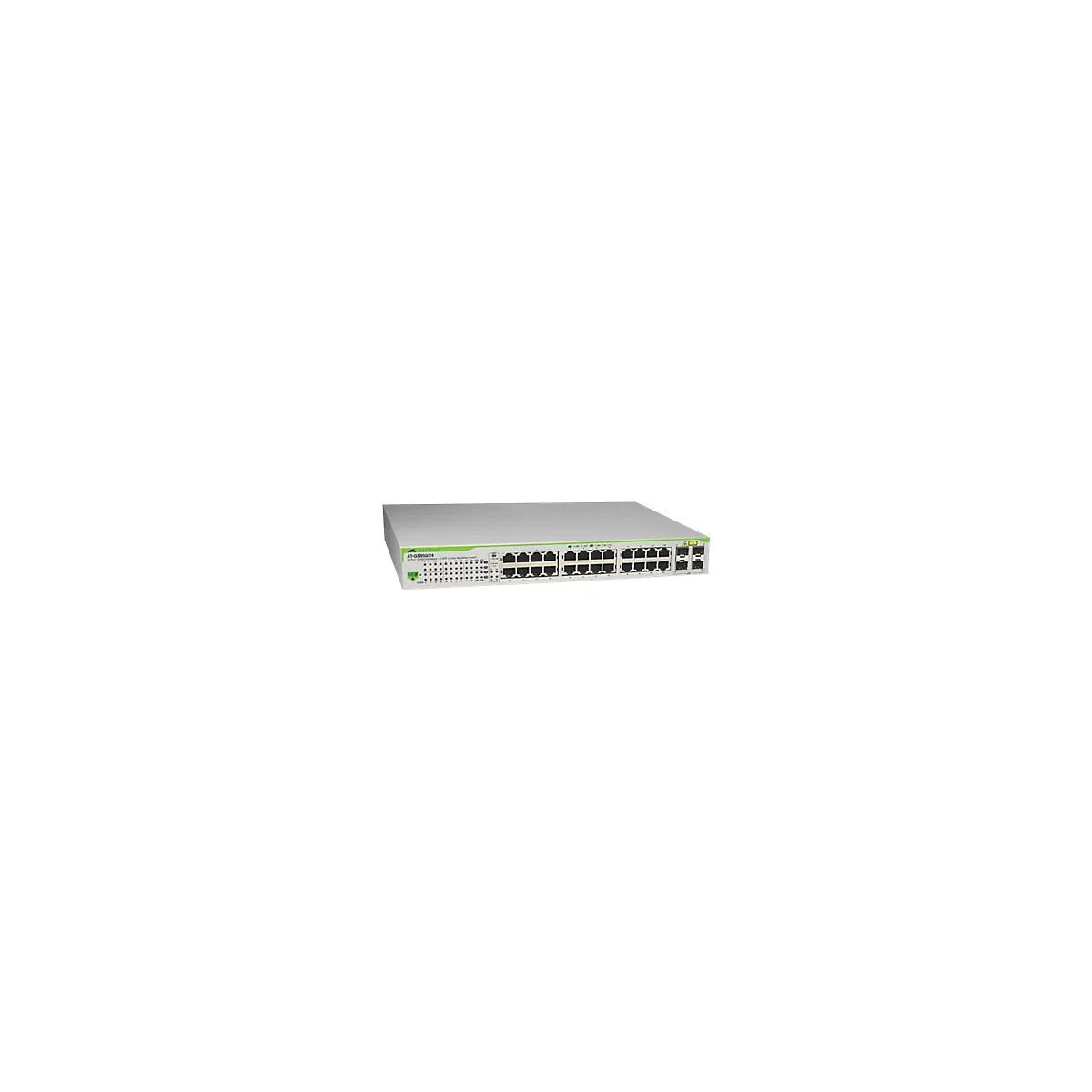 Ein grauer Netzwerk-Switch, voll mit RJ45-Anschlüssen und Leds, vor weißem Hintergrund.