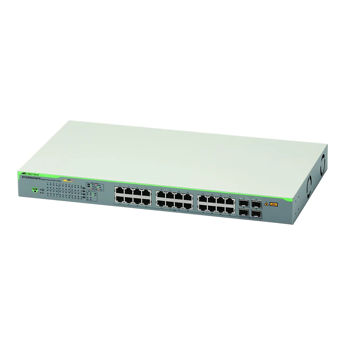 Ein grauer Netzwerk-Switch mit grünen Akzenten und Anschlüssen. Oben steht die Aufschrift Allied Telesis.