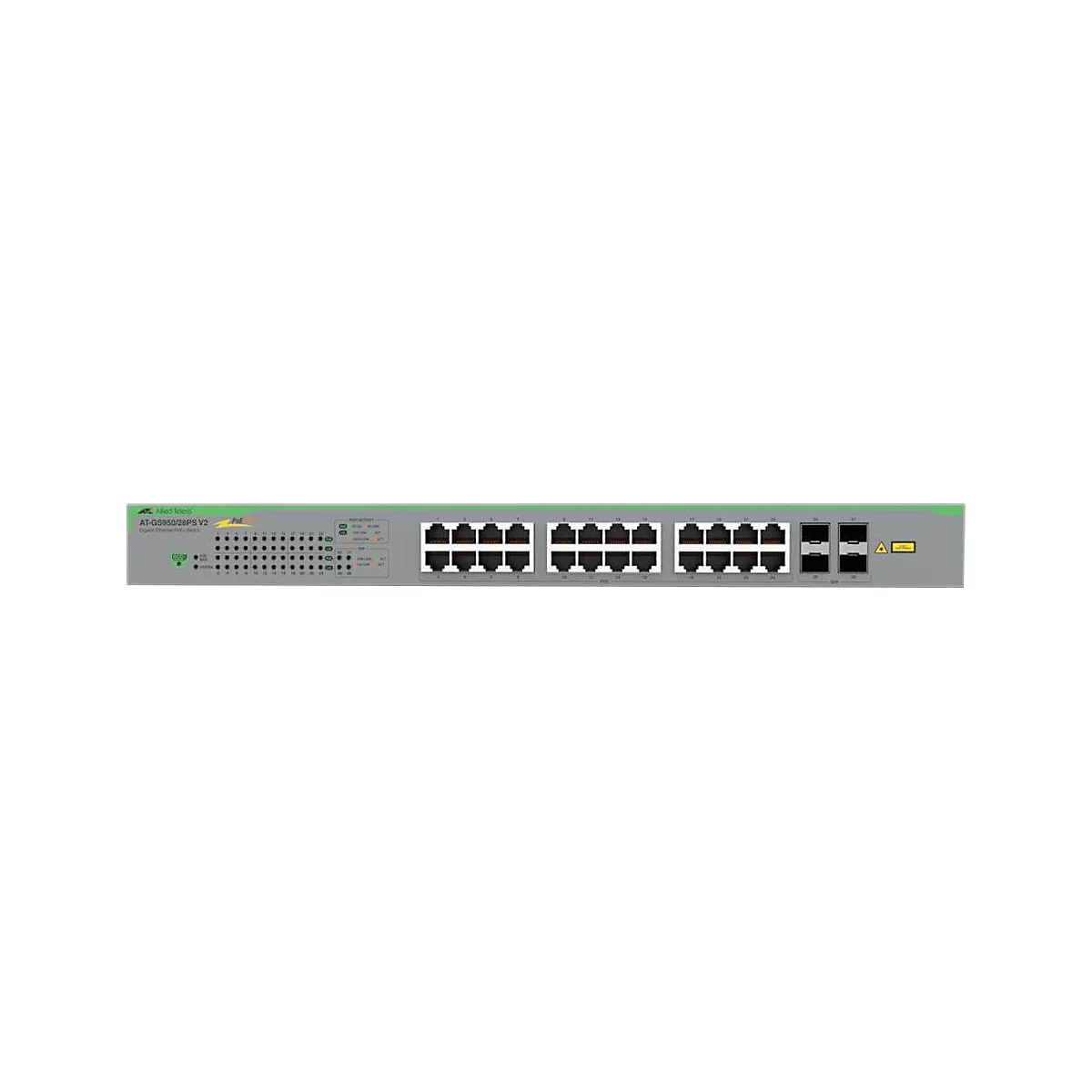Frontansicht des Allied Telesis AT-GS950/28PS V2 Netzwerk-Switch mit Ports und Status-LEDs auf grauem Gehäuse.