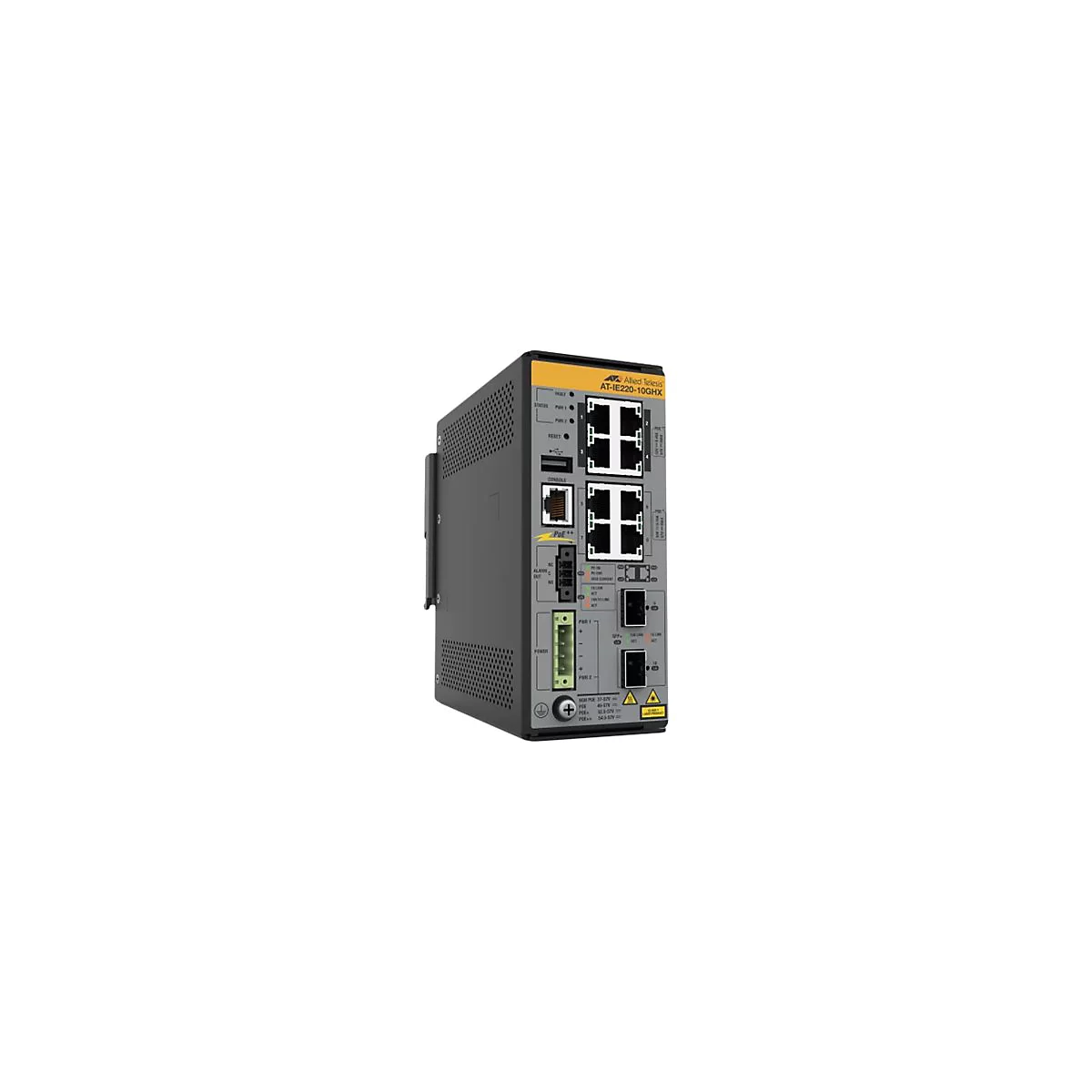 Grauer, rechteckiger Allied Telesis AT-IE220-10GHX Switch mit Anschlüssen, Anzeigen und Beschriftungen.