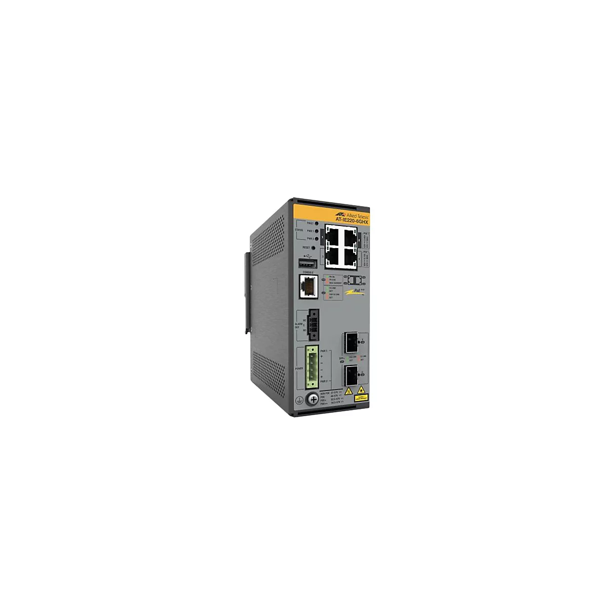 Allied Telesis AT IE220-6GHX - Switch - L2+ - managed - 4 x 10/100/1000Base-T + 2 x 1 Gigabit/10 Gigabit SFP+ (Uplink) - an DIN-Schiene montierbar, wandmontierbar