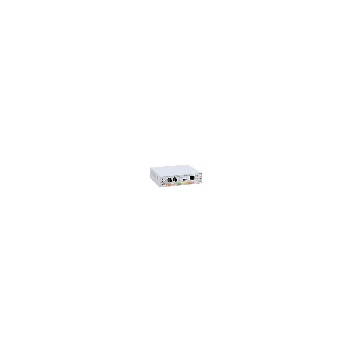 Ein silberner Fast Ethernet Medienkonverter mit Anschlüssen und Anzeigen.