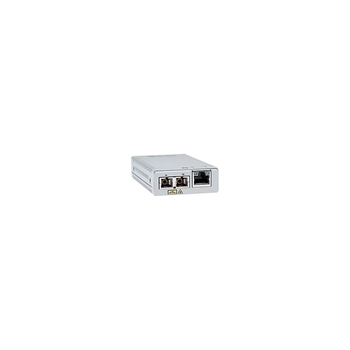 Ein silbernes Netzwerkgerät mit Anschlüssen für Glasfaser und Ethernet. Beschriftungen: TX, RX, Klasse 1 Laser Produkt.