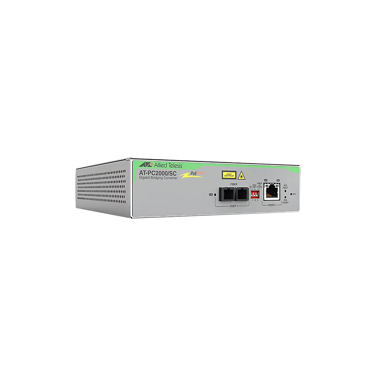 Ein graues Netzwerkgerät mit Schriftzügen wie Allied Telesis, AT-PC2000/SC, und PoE. Es hat Ports, darunter Fiber und Port 1 und 2.