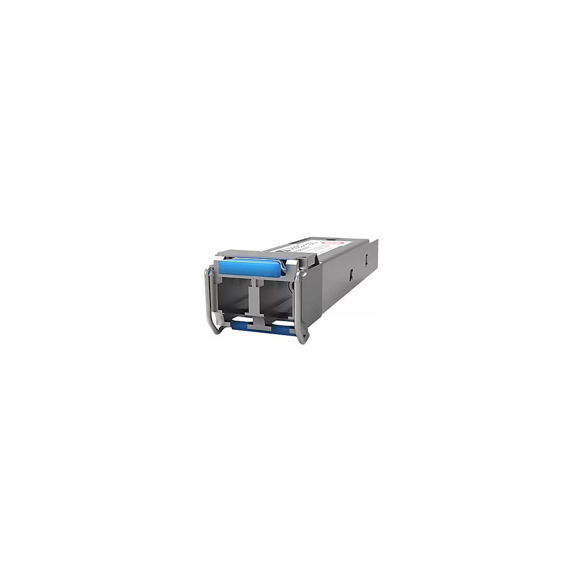 Ein metallfarbener Netzwerkadapter, blau akzentuiert.
