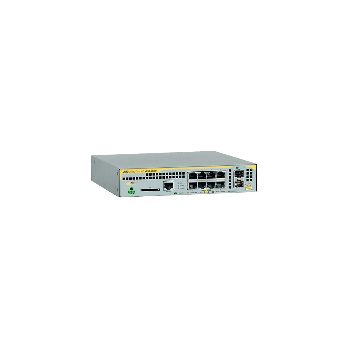 Allied Telesis x230-10GP Netzwerk-Switch in Grau mit acht PoE-Ports und zwei SFP-Anschlüssen vor weißem Hintergrund.