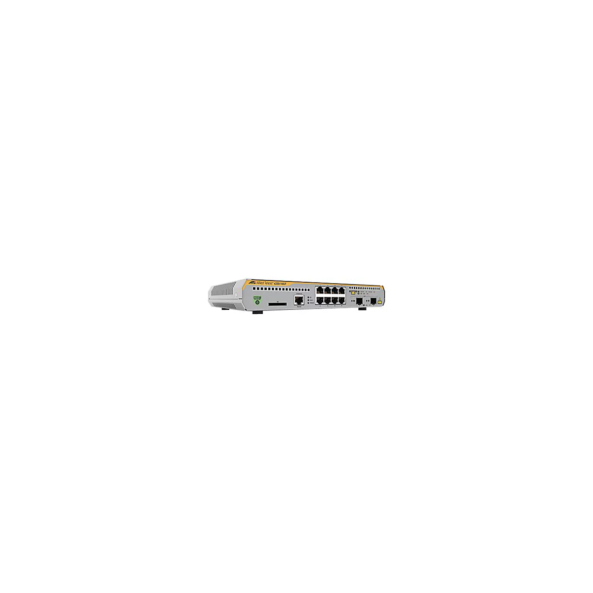 Allied Telesis x230-10GT Netzwerk-Switch mit grauer Frontblende, gelbem Akzent und diversen LAN-Anschlüssen.