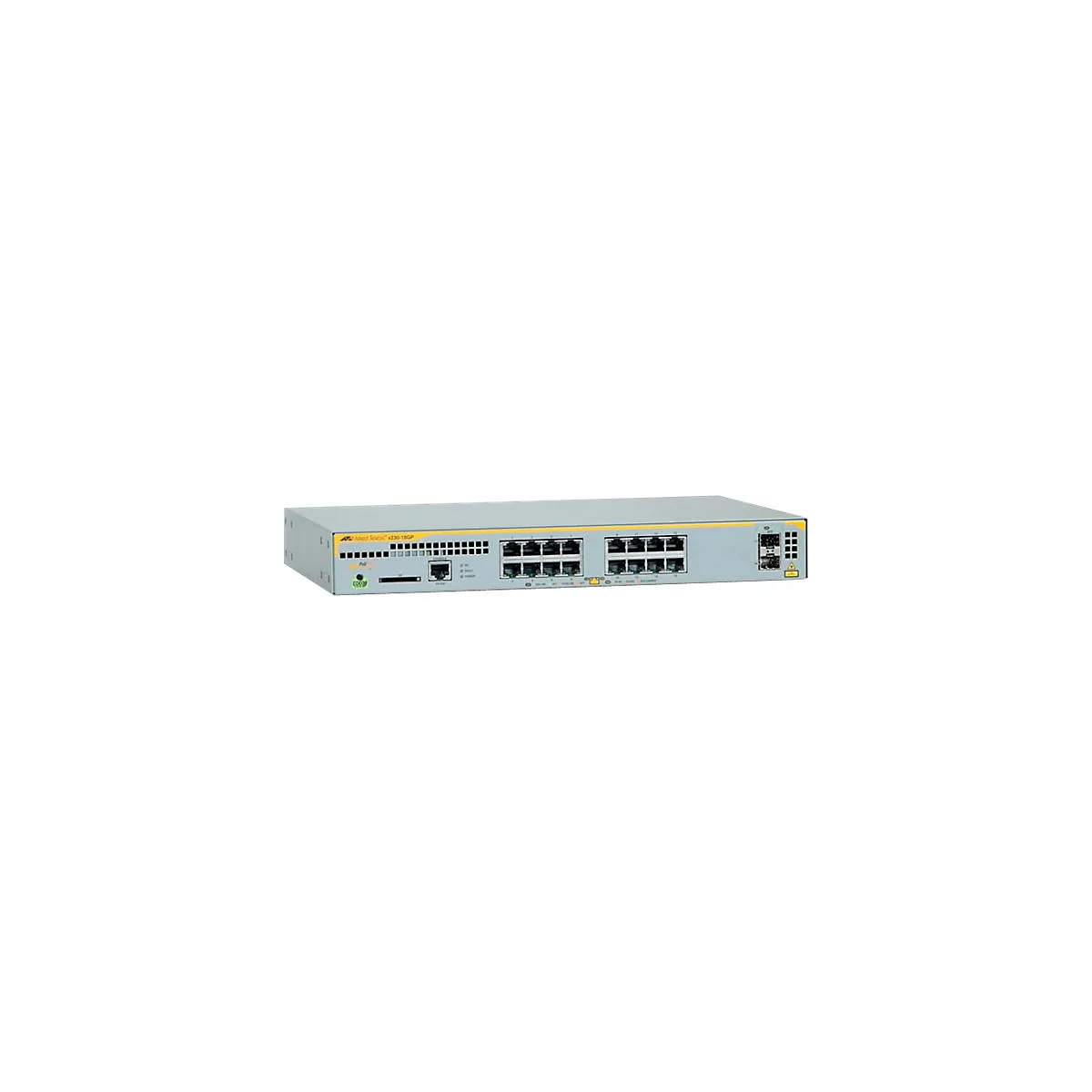 Allied Telesis x230-18GP Netzwerk-Switch in grau mit zahlreichen LAN-Anschlüssen vor weißem Hintergrund.