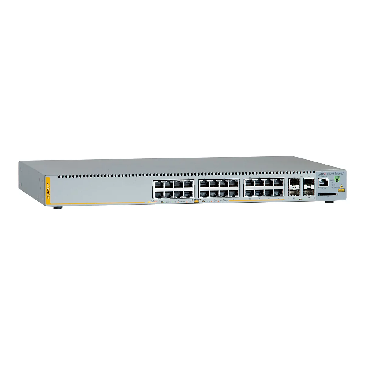 Grauer Netzwerk-Switch mit zahlreichen Ports, gelben Akzenten und Logos von Allied Telesis. Aufschrift: x230-28GP.