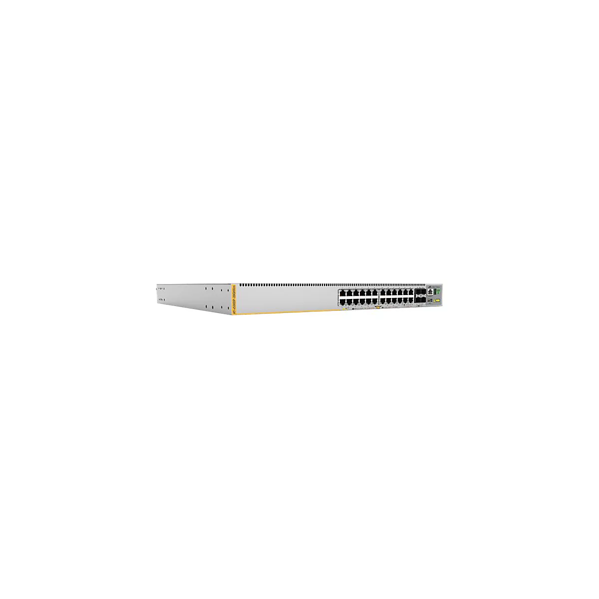Allied Telesis Netzwerk-Switch in grauem Metallgehäuse mit zahlreichen Ports vor weißem Hintergrund.