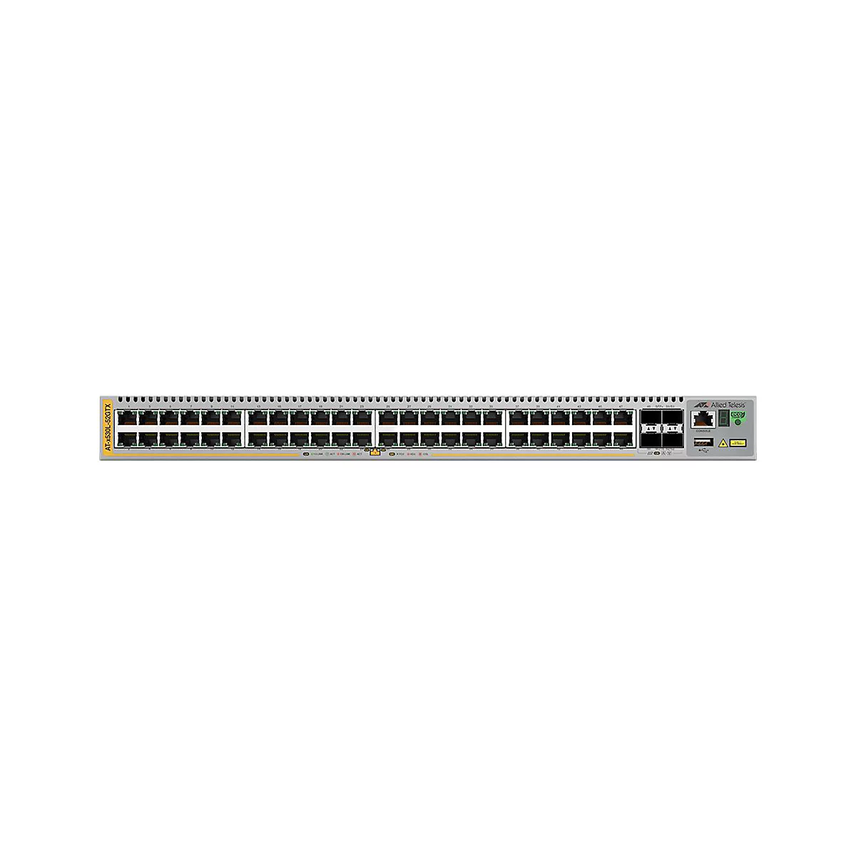 Ein grauer Netzwerk-Switch mit zahlreichen AnschlÃ¼ssen auf weiÃŸem Hintergrund.