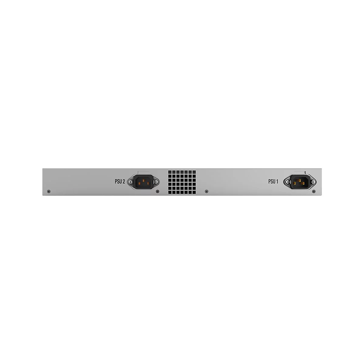 Graues elektronisches GerÃ¤t mit zwei Netzteilen, Beschriftung PSU 1 und PSU 2. In der Mitte ein quadratisches Raster.